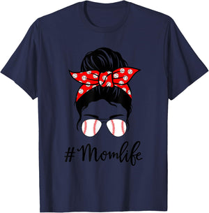 Baseball Mom Life Messy Bun Sunglasses Women Mothers Day T-Shirt - T-Shirt | Navy