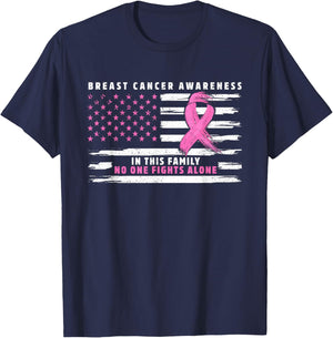 In This Family Nobody Fights Alone Pink Ribbon Breast Cancer T-Shirt - T-Shirt | Navy