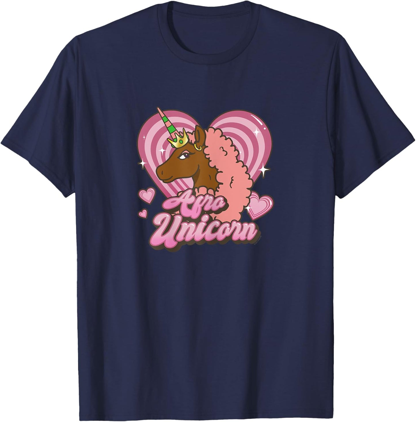 Afro Unicorn Unique Pink Mane Heart Shaped Portrait T-Shirt - T-Shirt | Navy