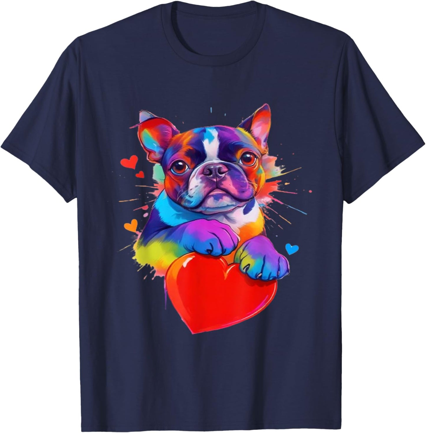 Boston Terrier Shirt - Colorful Boston Terrier Heart Graphic T-Shirt - T-Shirt | Navy