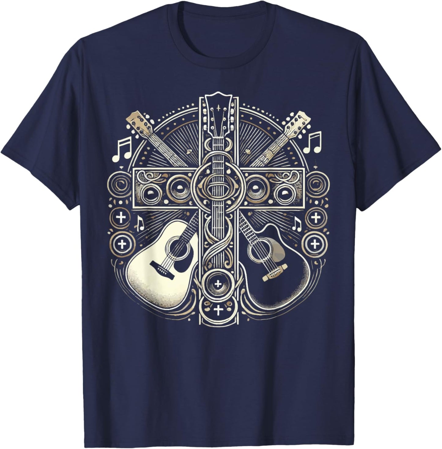 Acoustic Electric Guitar Cross Christian God Jesus Crucifix T-Shirt - T-Shirt | Navy