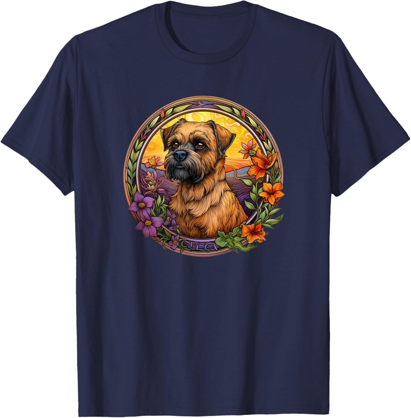 Cute Funny Flowers Floral Border Terrier Lover T-Shirt - T-Shirt | Navy
