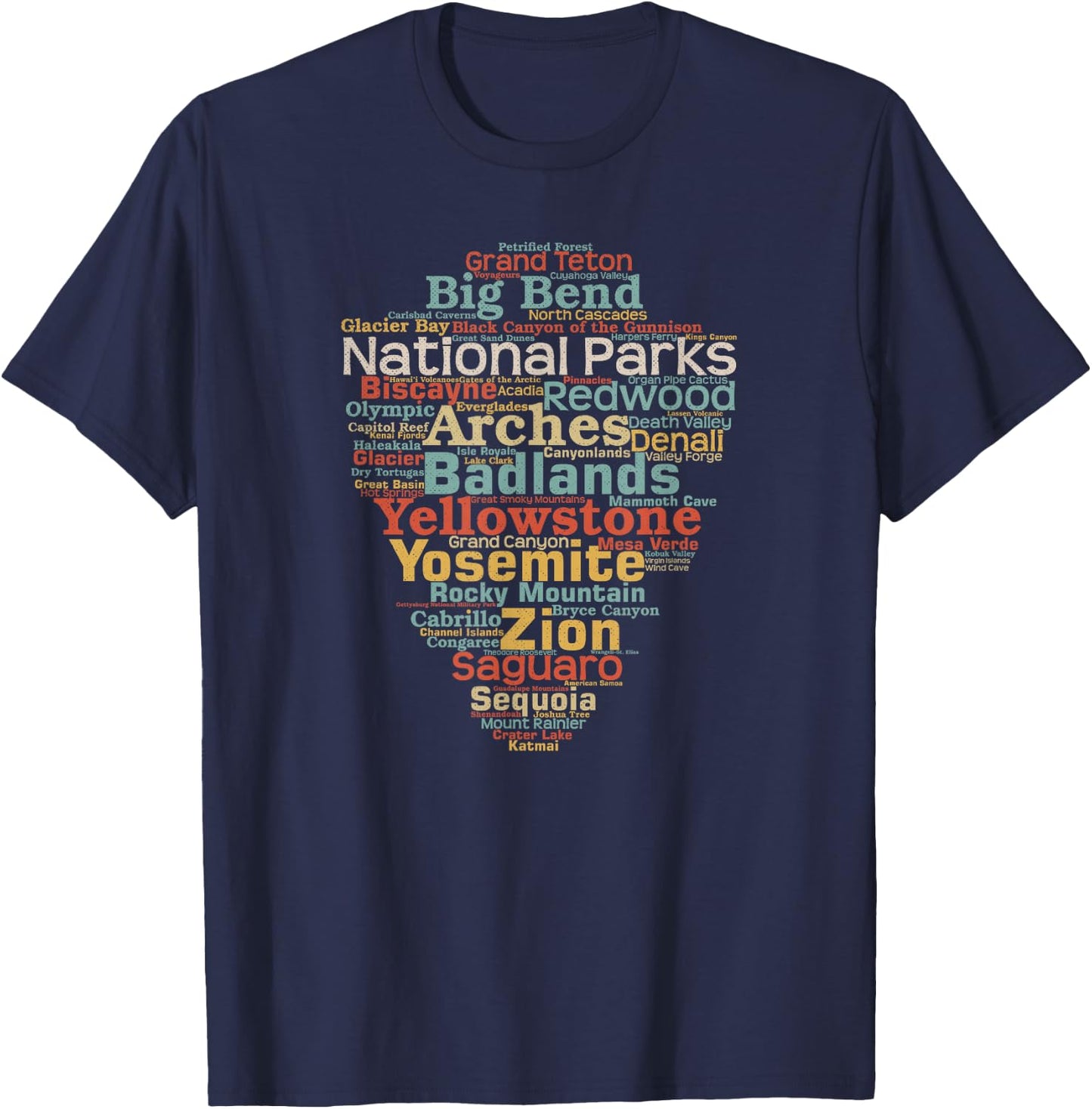 National Parks List US Word Cloud Art Camping Hiking T-Shirt - T-Shirt | Navy
