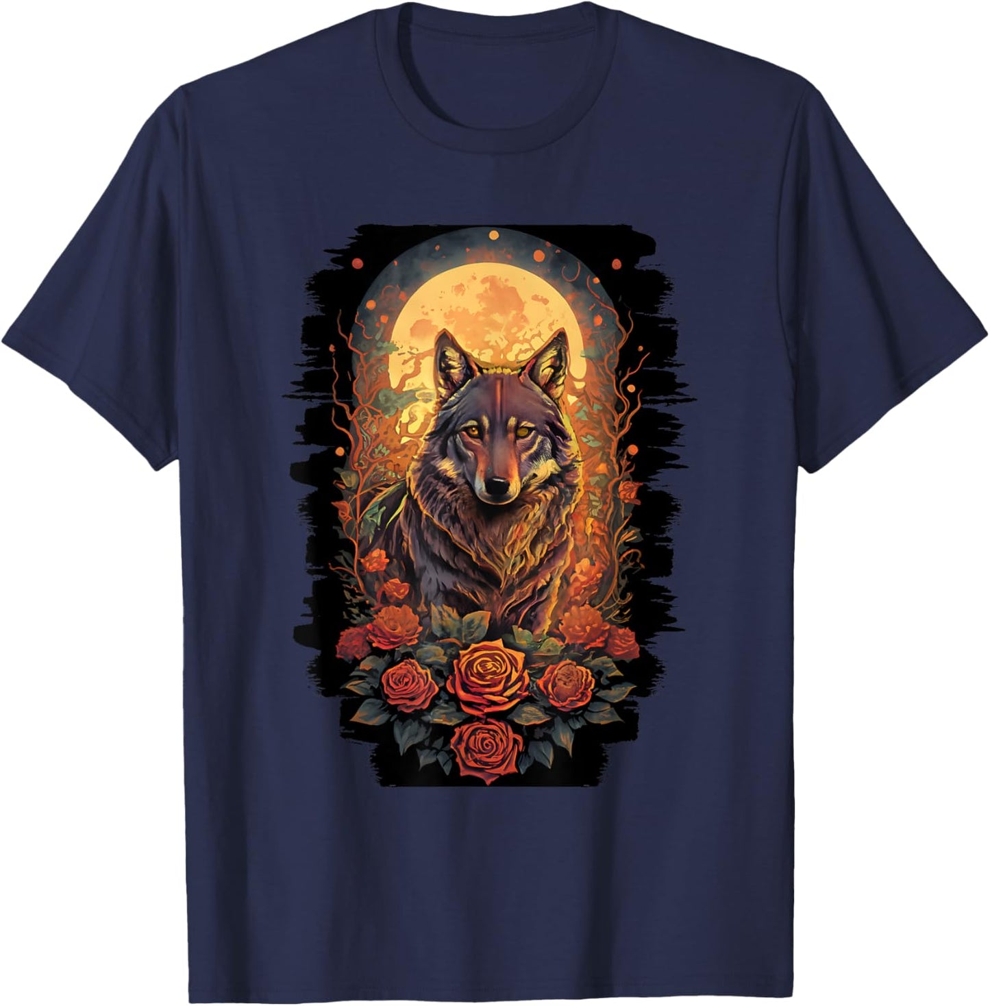 Botanical Wolf Women Roses Full Moon Kids Floral Wolf T-Shirt - T-Shirt | Navy