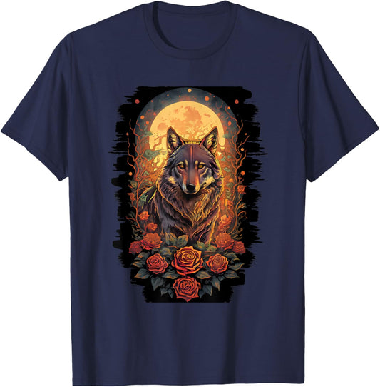 Botanical Wolf Women Roses Full Moon Kids Floral Wolf T-Shirt - T-Shirt | Navy