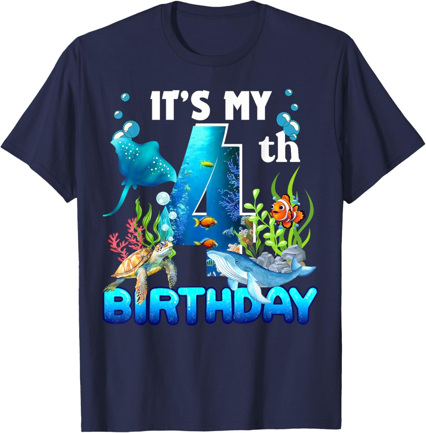 It's My 4th Birthday Party Ocean 4 Years Old Sea Fish B-Day T-Shirt - T-Shirt | Navy