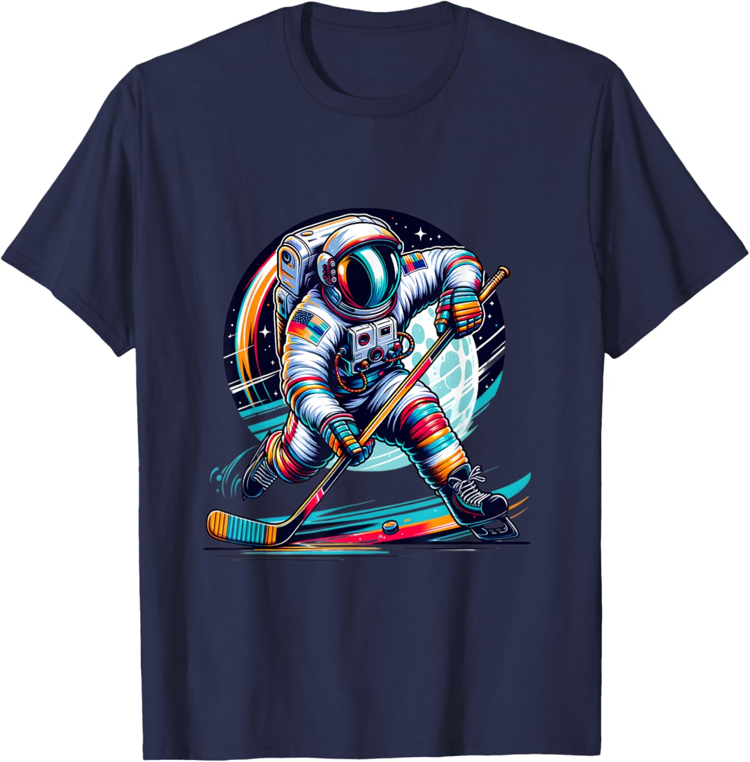 Ice Hockey Player Graphic Funny Astronaut Playing Ice Hockey T-Shirt - T-Shirt | Navy
