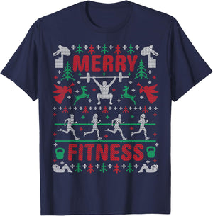 Merry Fitness Workout Ugly Christmas Sweater Party Gifts T-Shirt - T-Shirt | Navy
