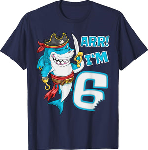 I'm 6 years Bday Shark pirate 6th Birthday boy pirate Party T-Shirt - T-Shirt | Navy