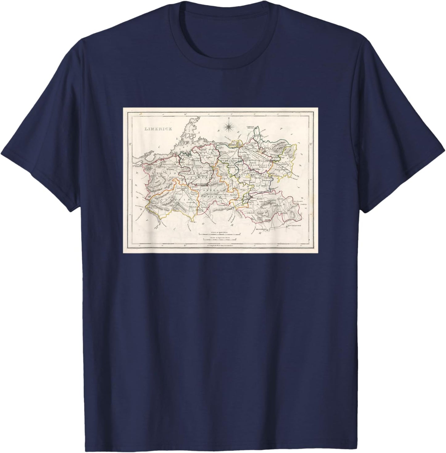 Vintage County Limerick Ireland Map (1846) T-Shirt - T-Shirt | Navy