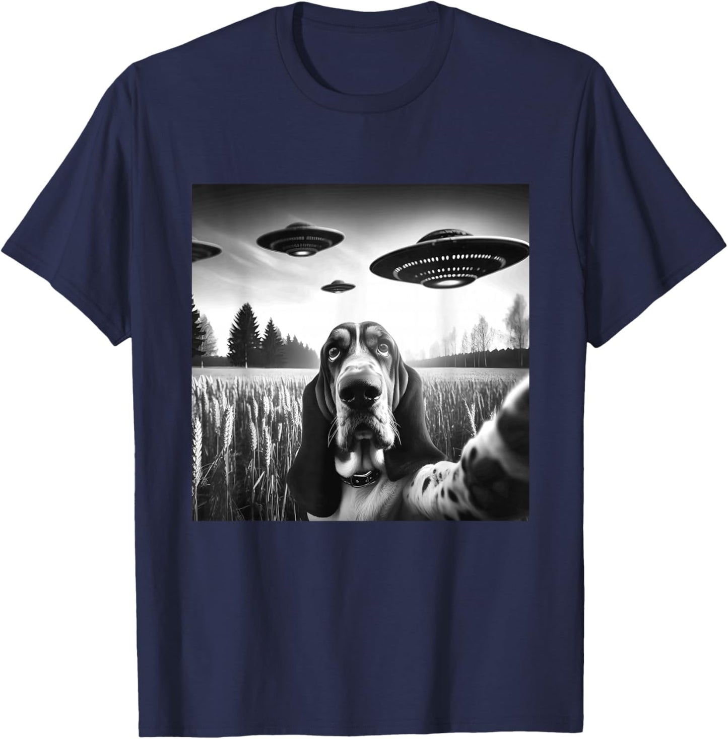 Basset Hound Funny Dog Graphic Selfie with UFOs Weird Aliens T-Shirt - T-Shirt | Navy