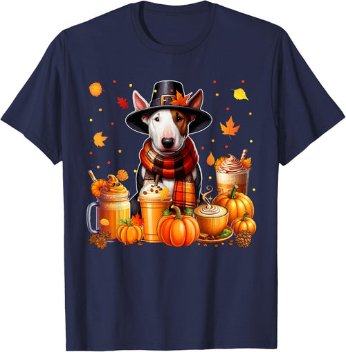 Bull Terrier Thanksgiving Drinks Coffee Fall Leaves Pumpkins