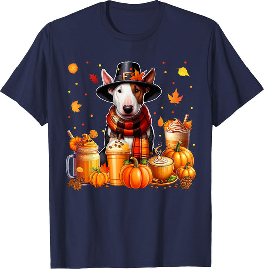 Bull Terrier Thanksgiving Drinks Coffee Fall Leaves Pumpkins T-Shirt - T-Shirt | Navy