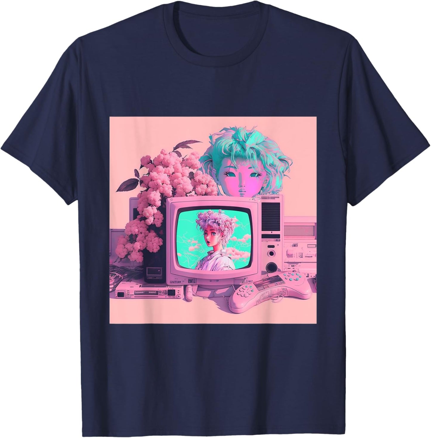 Retro Vaporwave Aesthetic 90s EGirl japanese art T-Shirt - T-Shirt | Navy