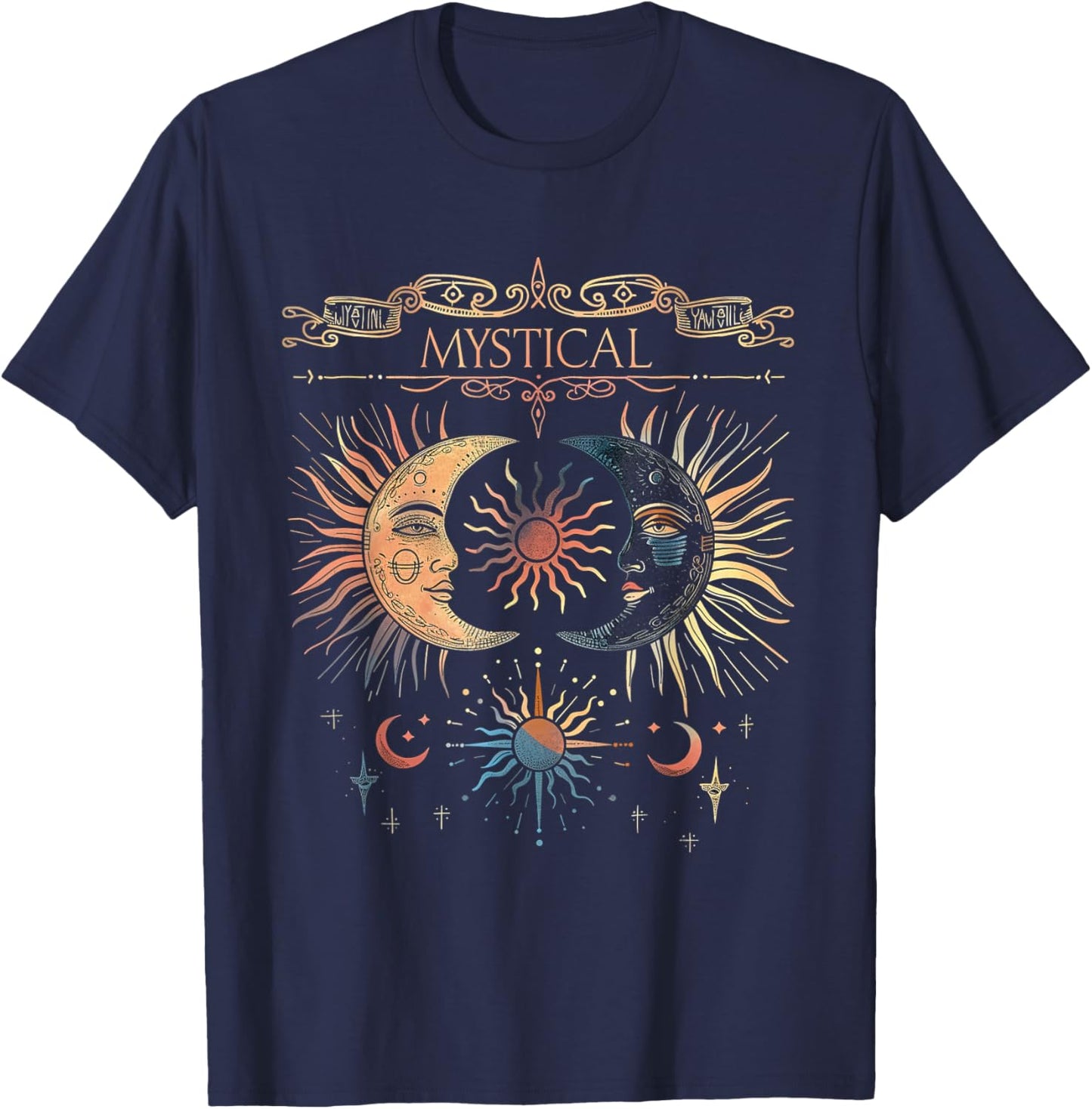 Mystical Sun and Moon Woman Mystic Flowers Aesthetic T-Shirt - T-Shirt | Navy