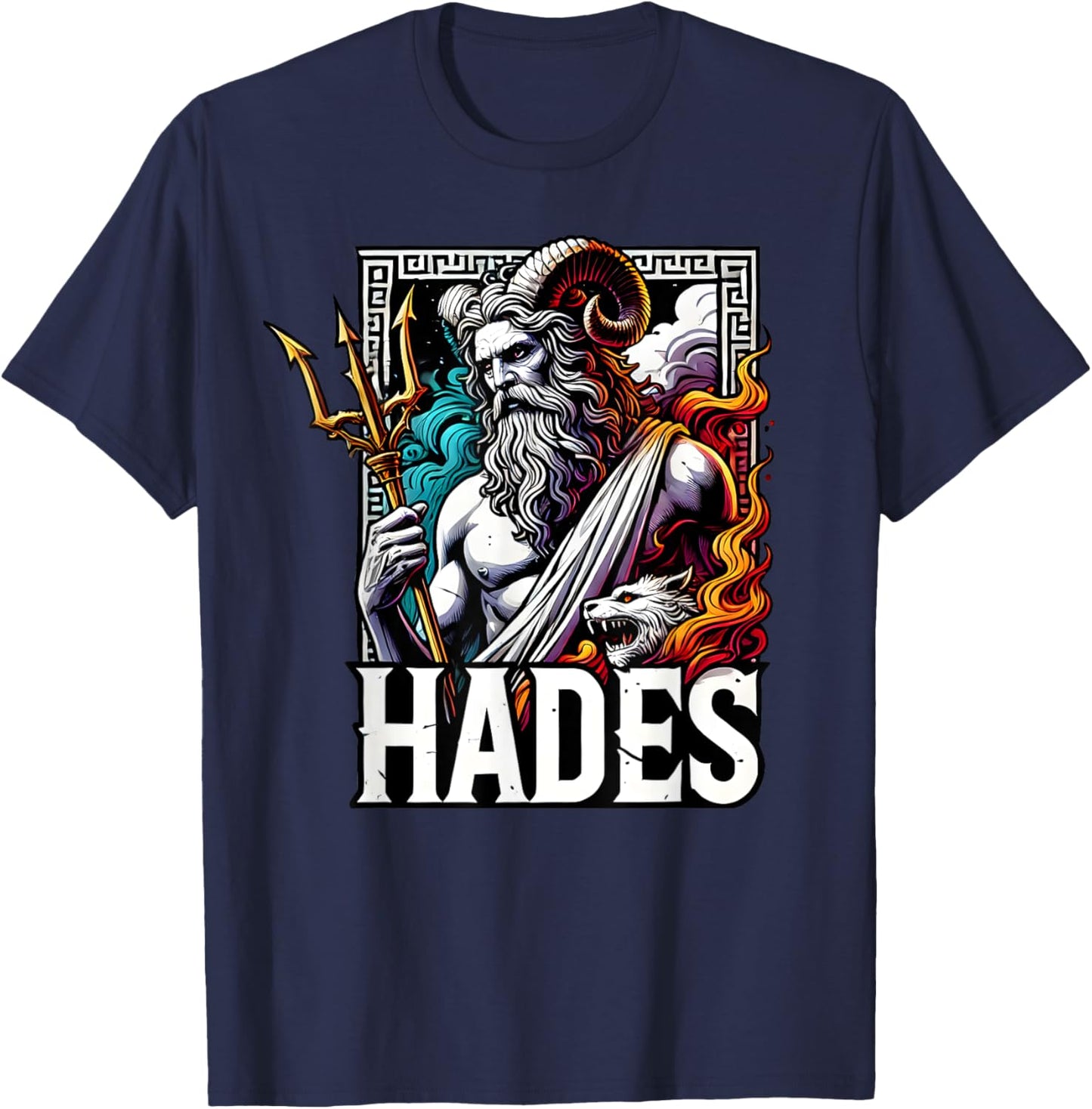 Mythology Greece Gods and Legends Hades Ancient Greek God Of The Underworld Cerberus -Adults and Kids Black Small Modern Letter Print Pull On Short Sleeve T-Shirt - T-Shirt | Navy