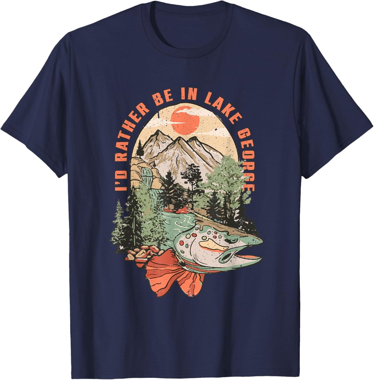 Vintage Lake Trout Fishing Lake George New York Camping T-Shirt - T-Shirt | Navy