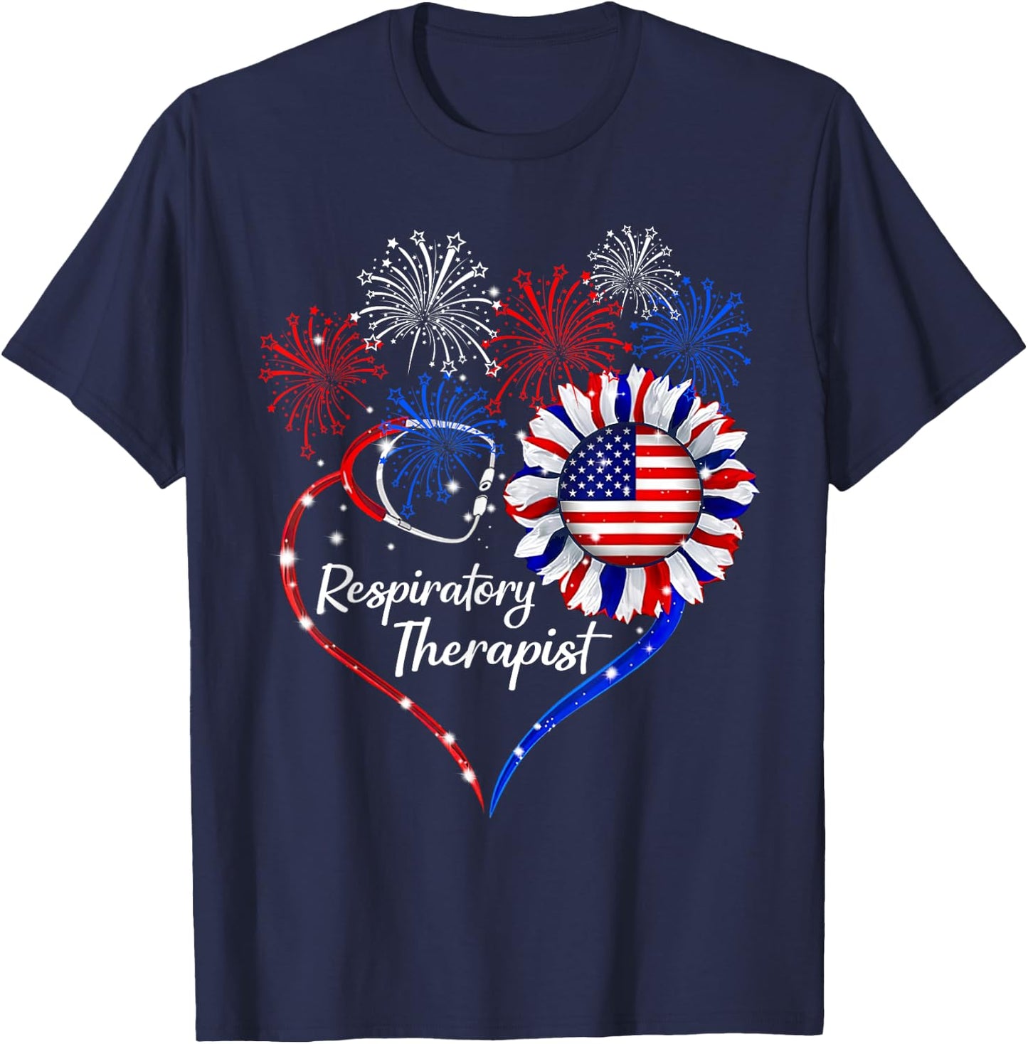 Patriotic Respiratory Therapist Sunflower 4th Of July Flag T-Shirt - T-Shirt | Navy