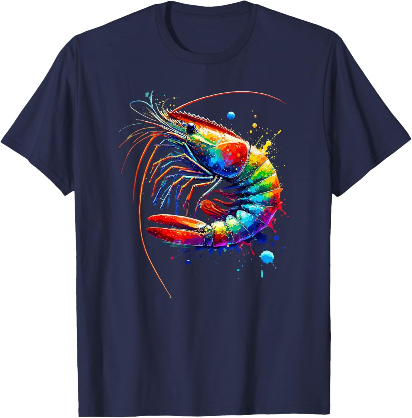 Colorful Splash Art Shrimp Shrimp , Black, S T-Shirt - T-Shirt | Navy