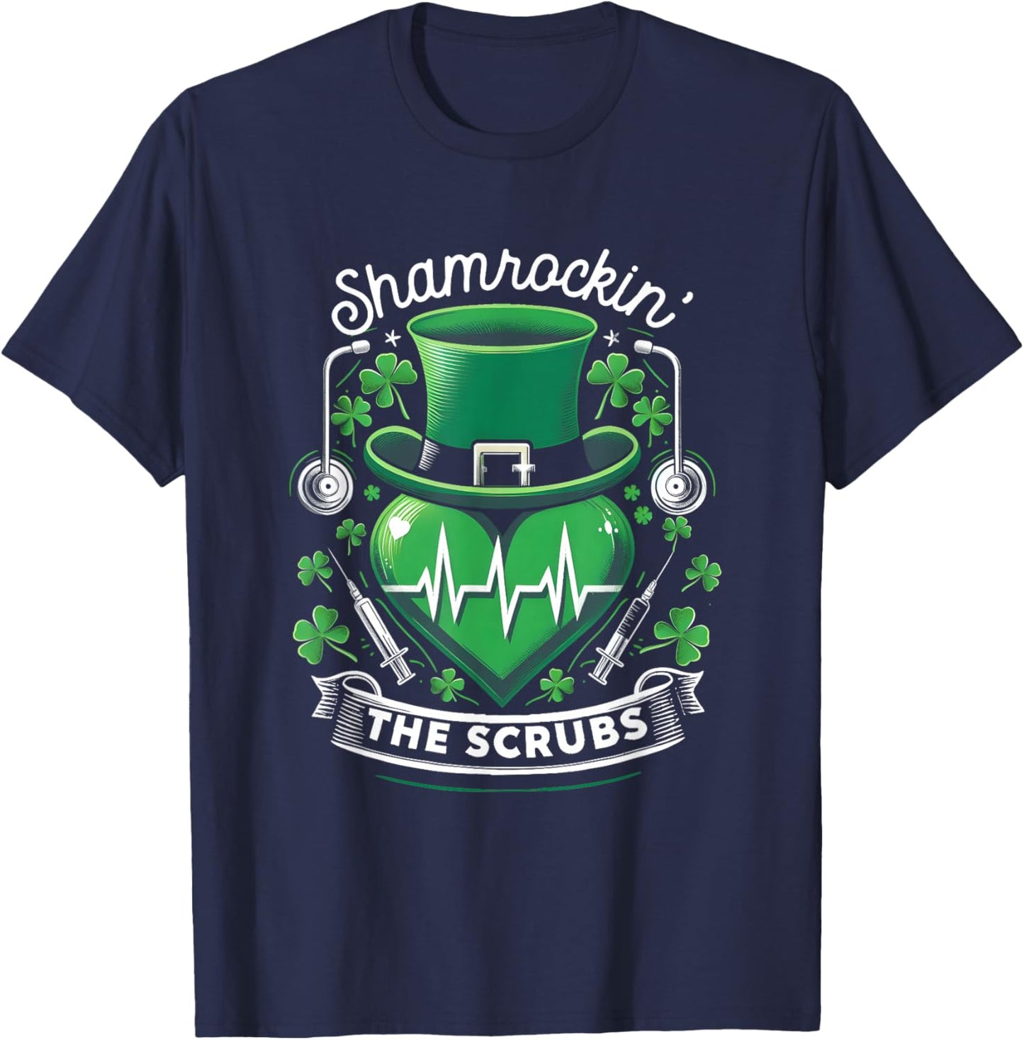 Shamrockin' Stethoscope Heartbeat Shamrock Clover The Scrubs T-Shirt - T-Shirt | Navy