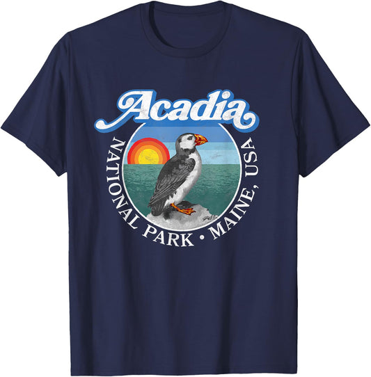 Retro Acadia National Park Vintage Maine Puffin T-Shirt - T-Shirt | Navy