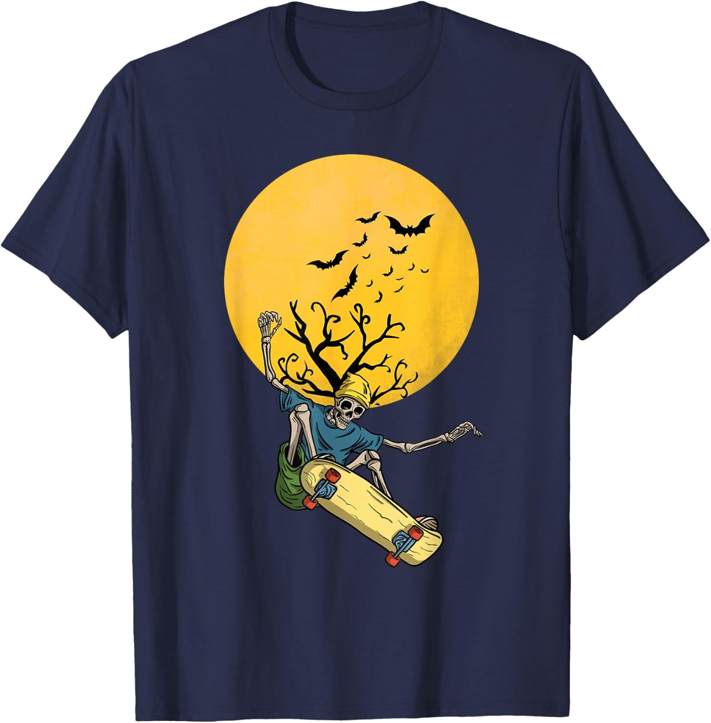 Skateboarding skeleton on the moon night with bats Halloween T-Shirt - T-Shirt | Navy