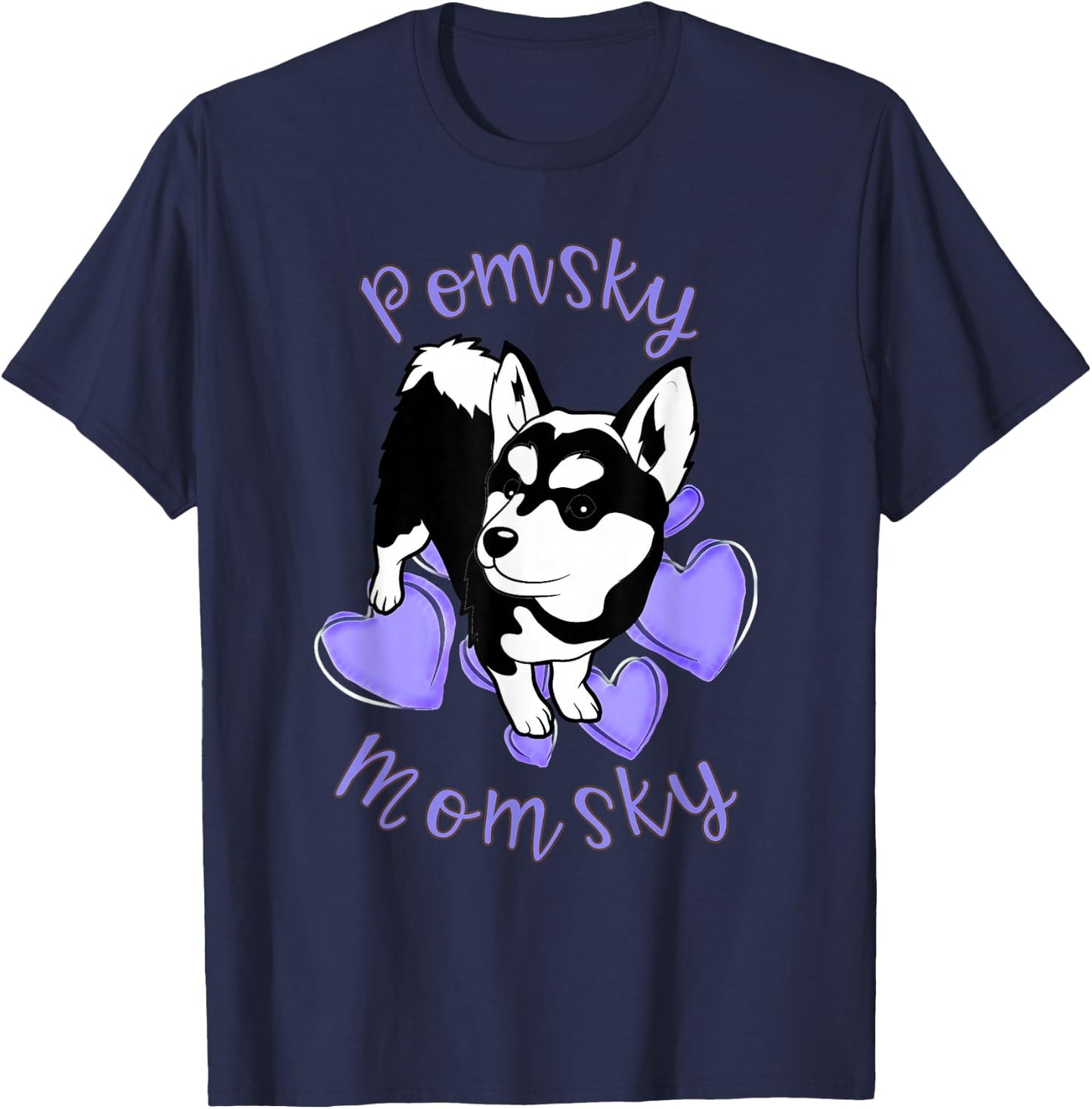 Cute Pomsky Momsky Black and White Pomsky Mom Purple Hearts T-Shirt - T-Shirt | Navy