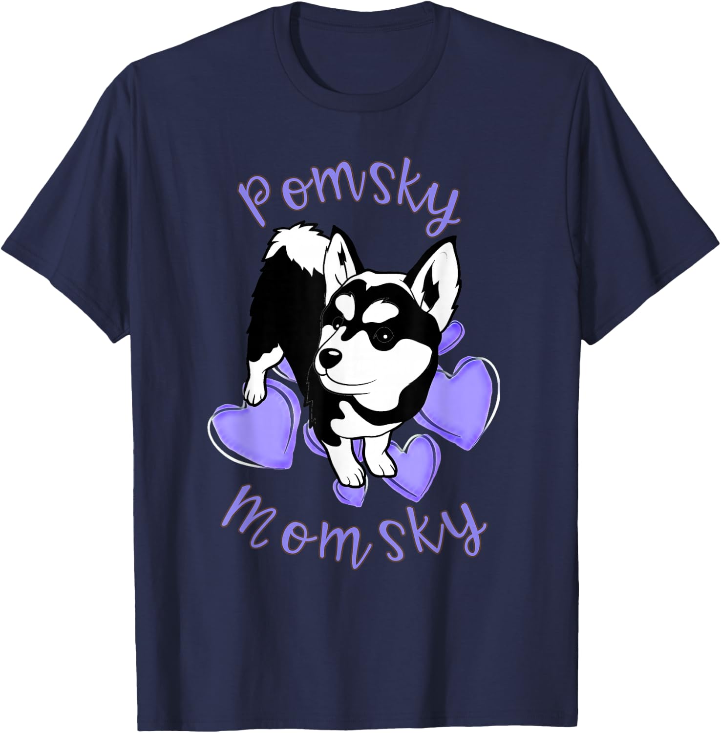 Cute Pomsky Momsky Black and White Pomsky Mom Purple Hearts T-Shirt - T-Shirt | Navy