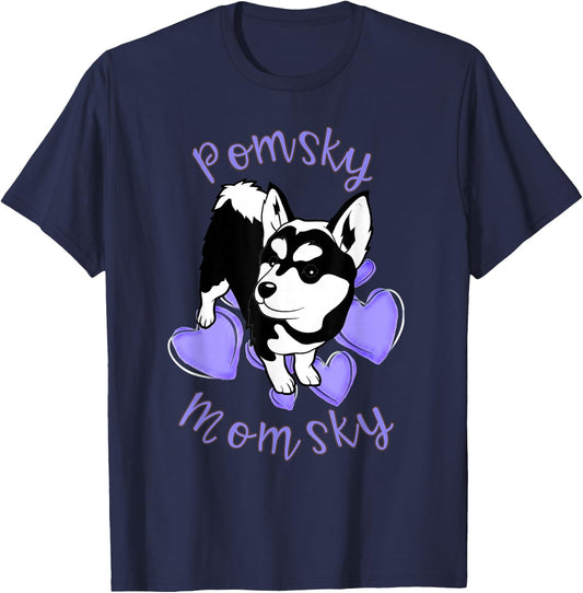 Cute Pomsky Momsky Black and White Pomsky Mom Purple Hearts T-Shirt - T-Shirt | Navy