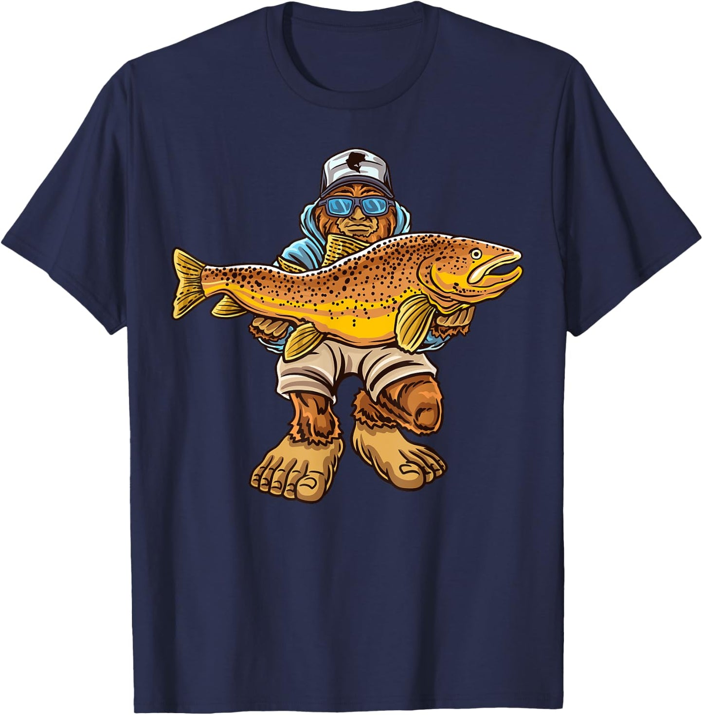Brown Trout River Fishing Bigfoot Hunting Fishermen T-Shirt - T-Shirt | Navy