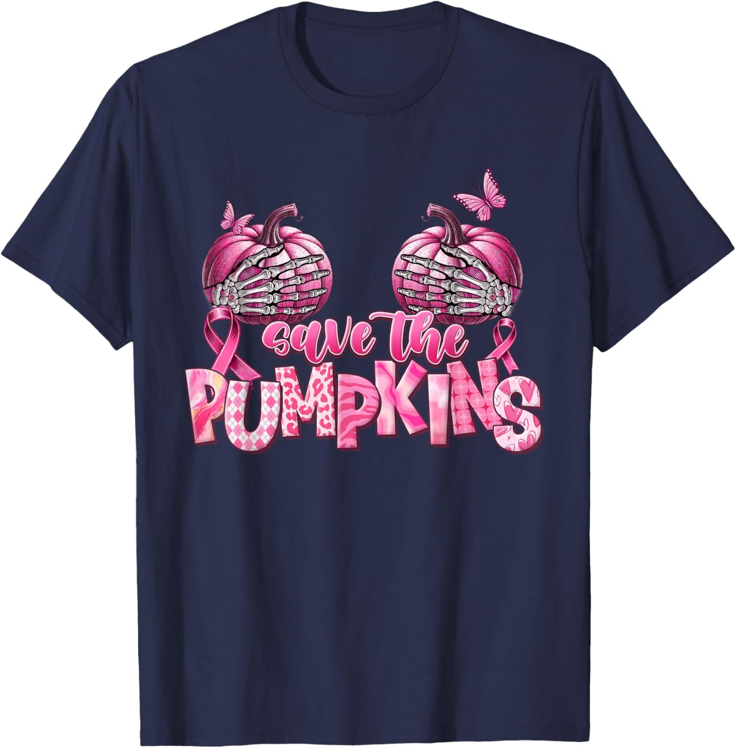 Save The Pumpkins Pink Ribbon Breast Cancer Awareness T-Shirt - T-Shirt | Navy