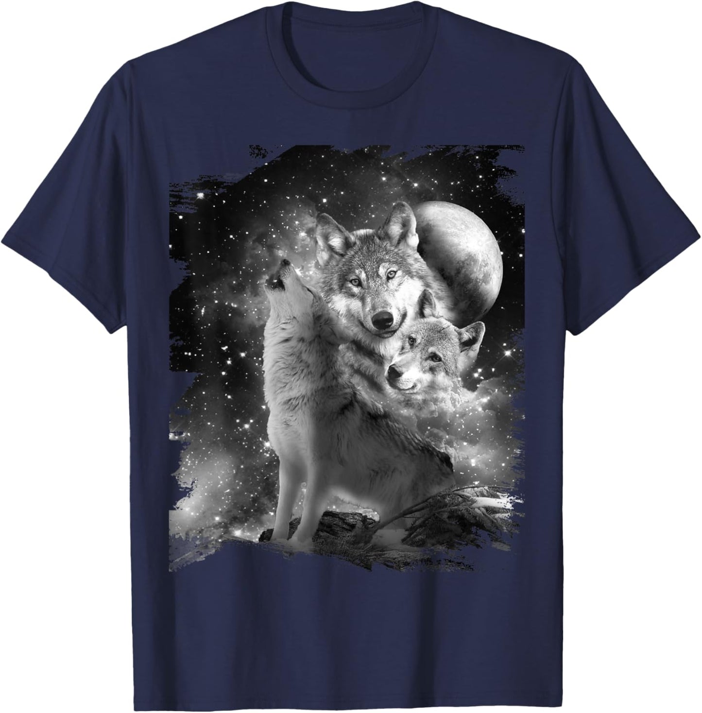 Random Galaxy Black and White Wolf Family, Wolves Howling T-Shirt - T-Shirt | Navy