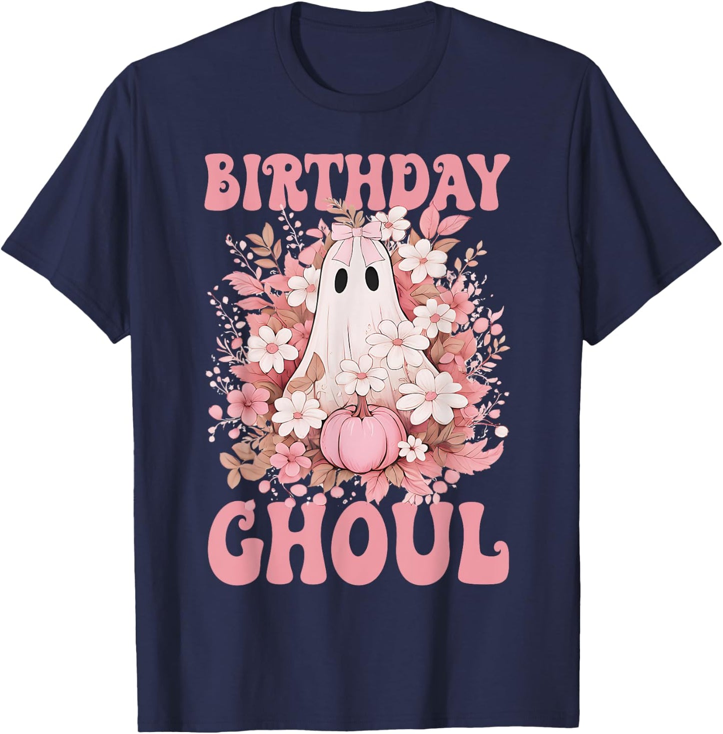 Birthday Ghoul Floral Ghost Bow Halloween Birthday Girls T-Shirt - T-Shirt | Navy