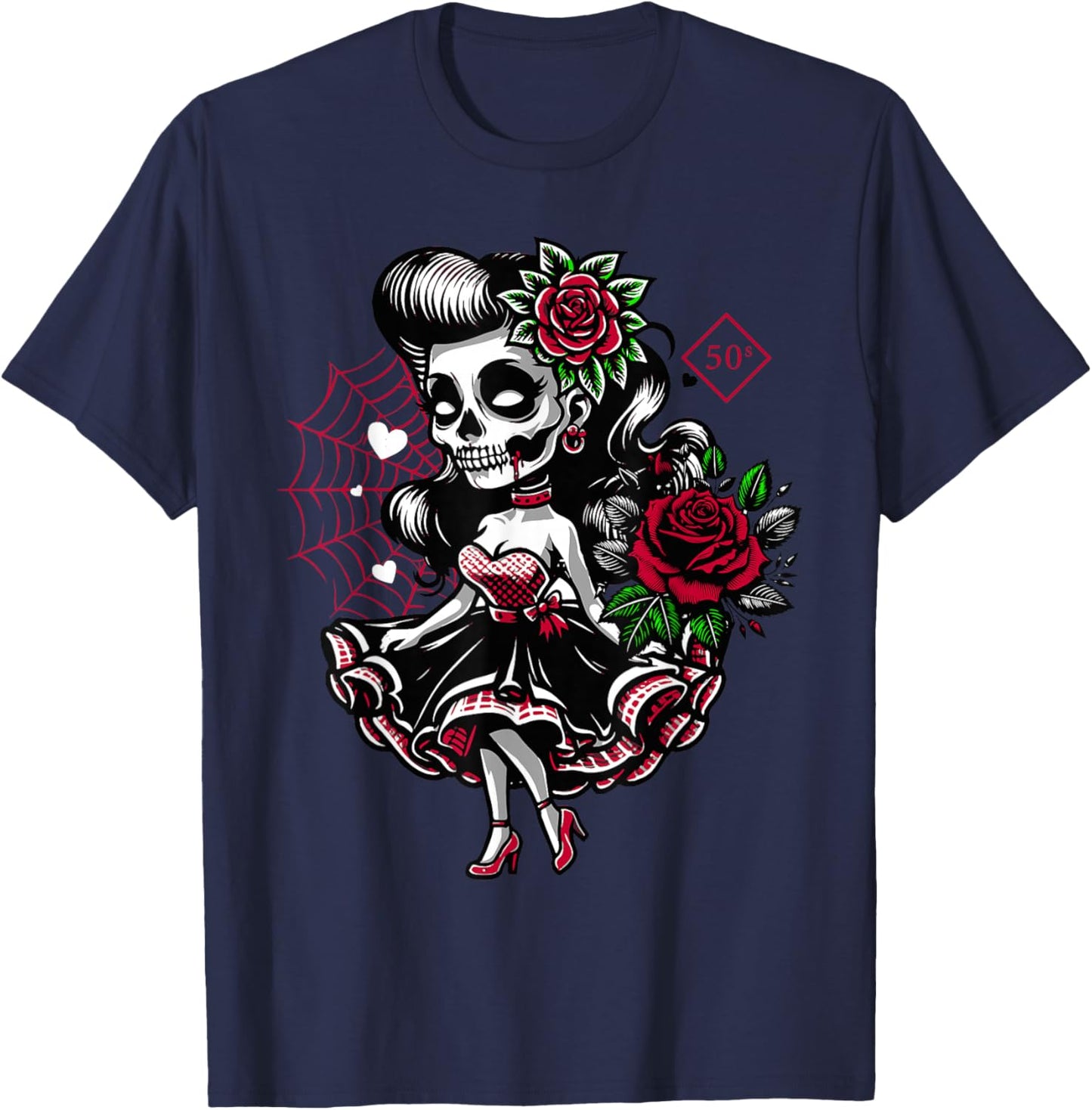 Kawaii Rockabilly Skelett Pin Up Horror Rebel T-Shirt - T-Shirt | Navy