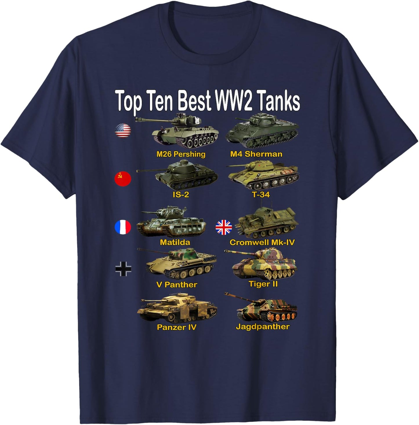Top Ten Best WW2 Tanks | Sherman Panzer Panther Tiger T-34 T-Shirt - T-Shirt | Navy