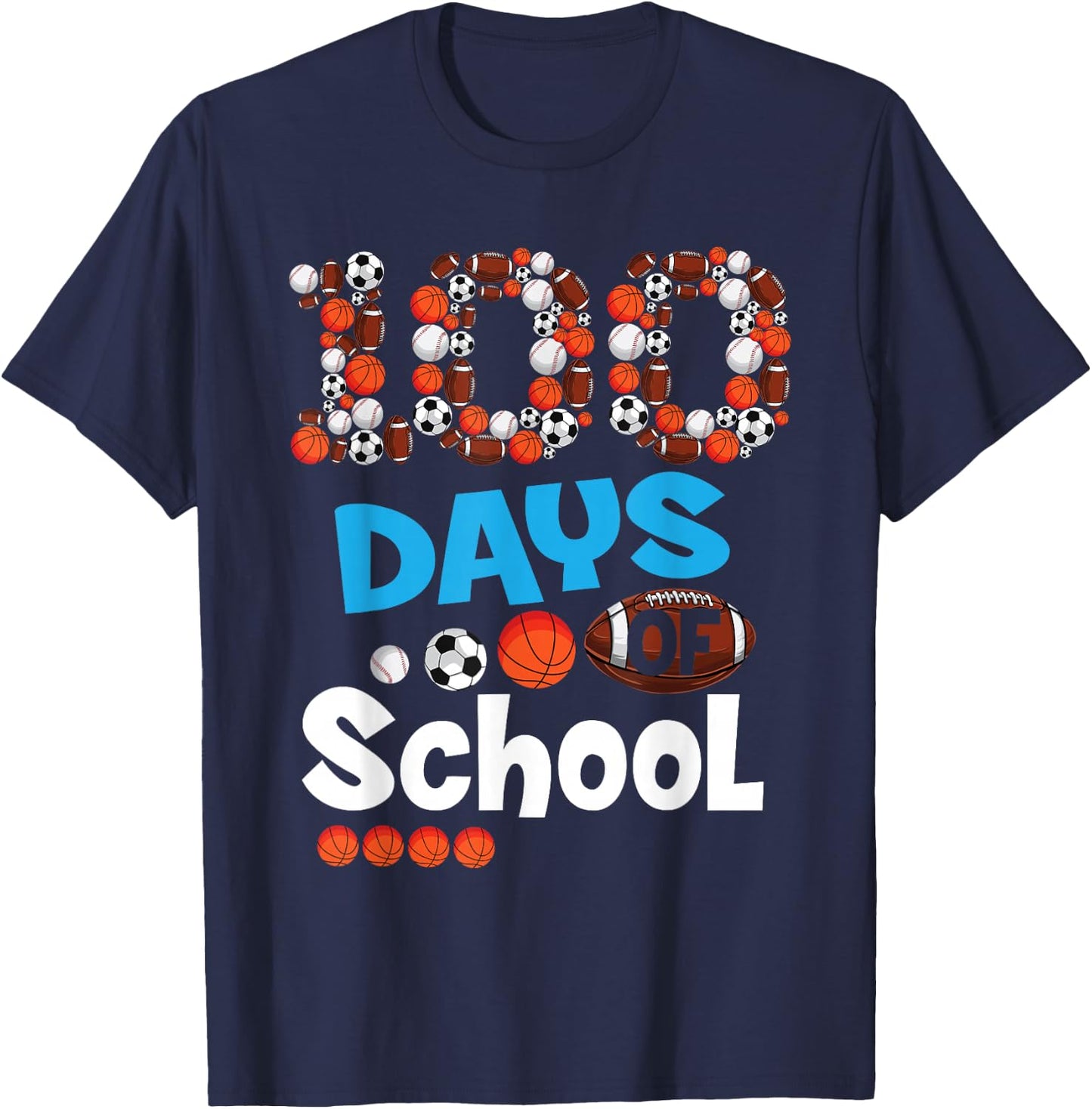 100th Days of School T Shirt Baseball Basketball School Gift T-Shirt - T-Shirt | Navy