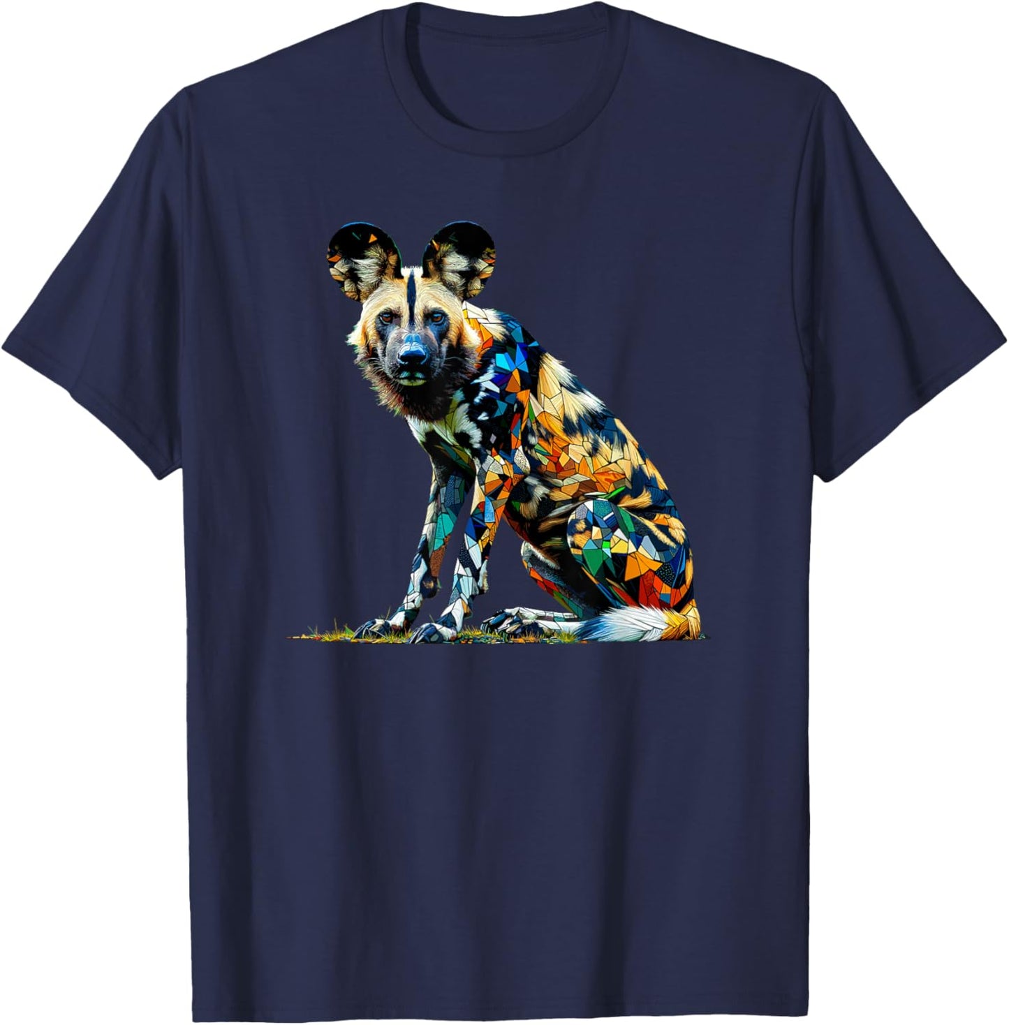 Polygon Art African Wild Dog Painted Dog T-Shirt - T-Shirt | Navy
