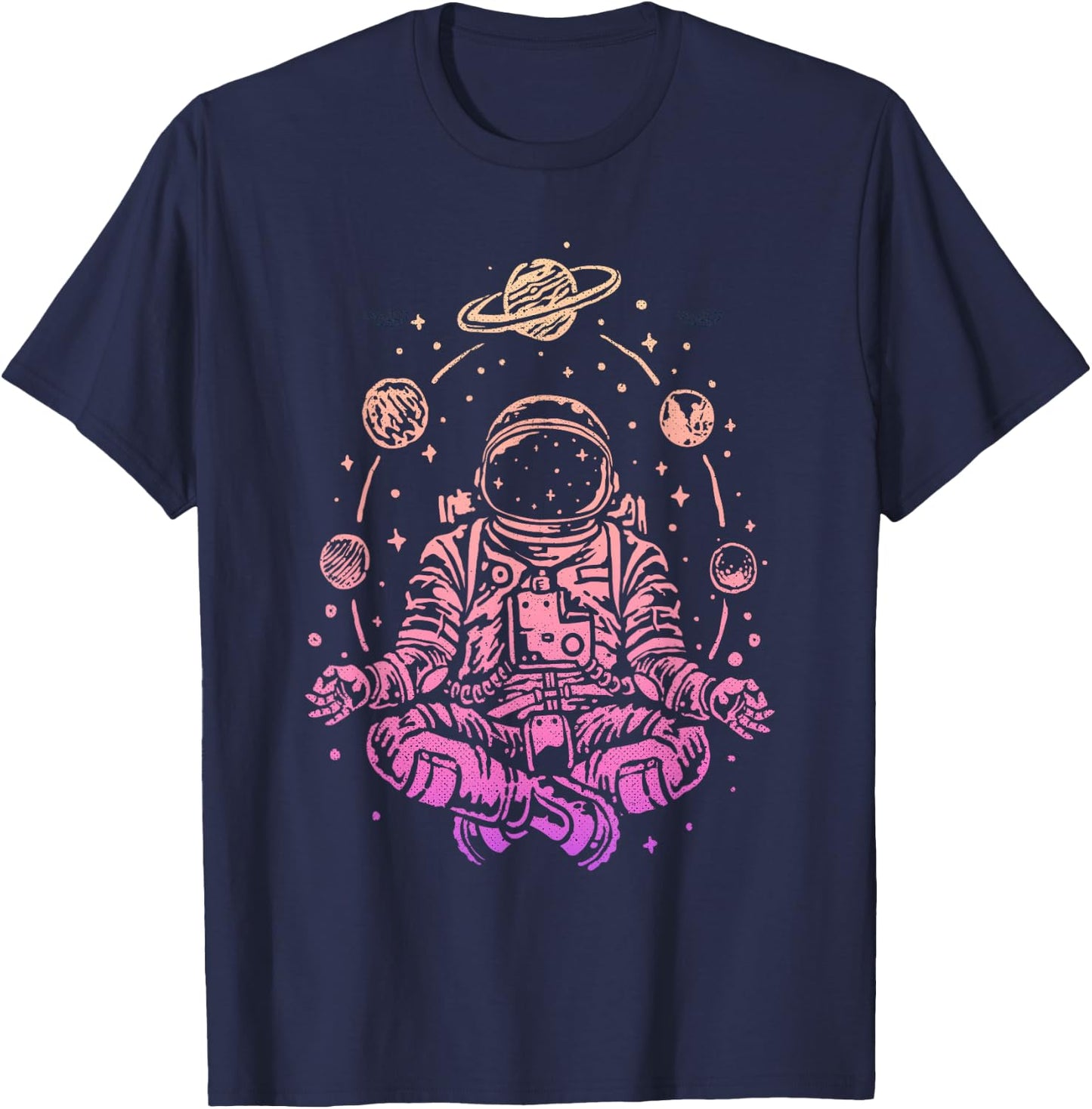 Meditating Astronaut Planets Colorful Lotus Women Meditation T-Shirt - T-Shirt | Navy