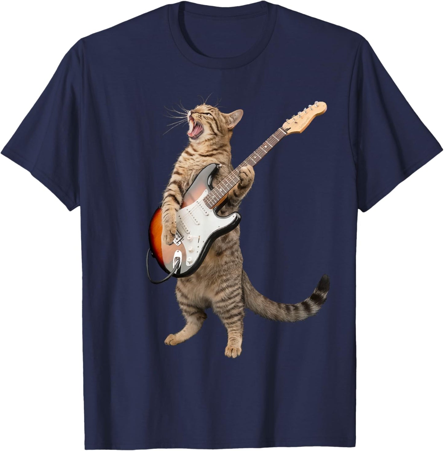 Cat Playing Guitar Shirt Kids Men Women Rock And Roll Band T-Shirt - T-Shirt | Navy