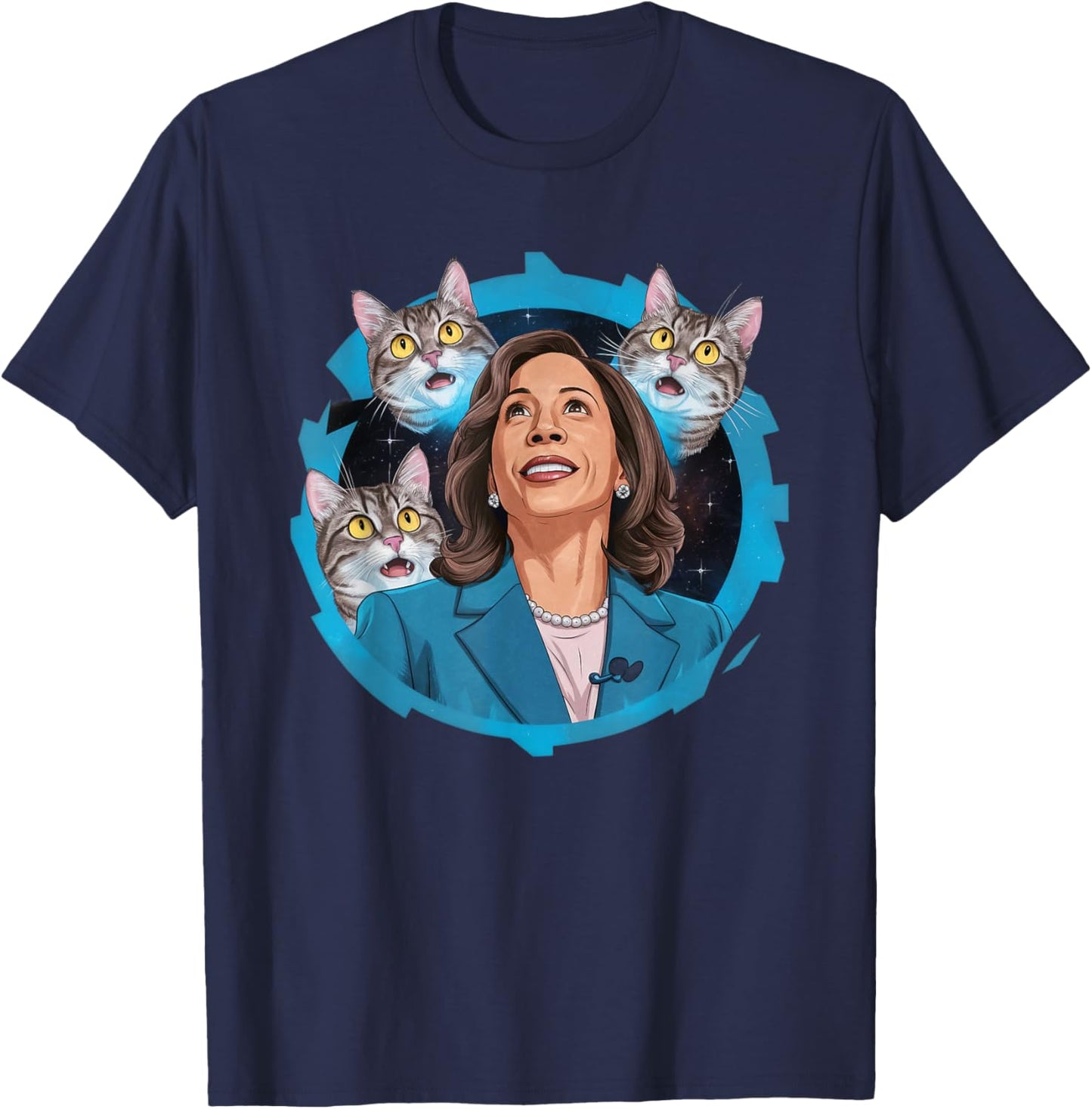 Kamala Harris and Cats In Space Funny Cat Lover Women T-Shirt - T-Shirt | Navy