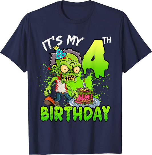 It's My 4th Birthday Zombie Lover 4 Year Old Boys Girls T-Shirt - T-Shirt | Navy