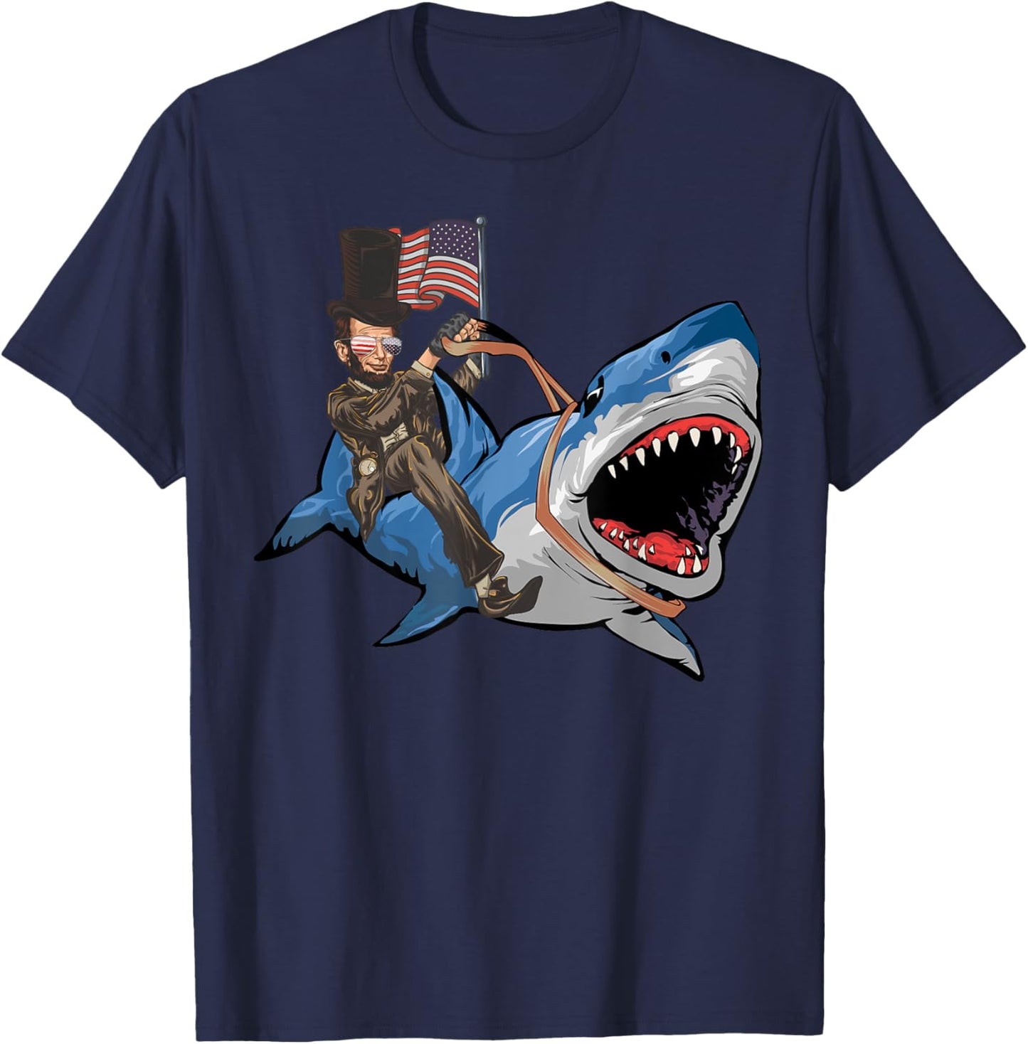 Abe Lincoln Riding Shark - Shark Lovers Shark 4th of July T-Shirt - T-Shirt | Navy
