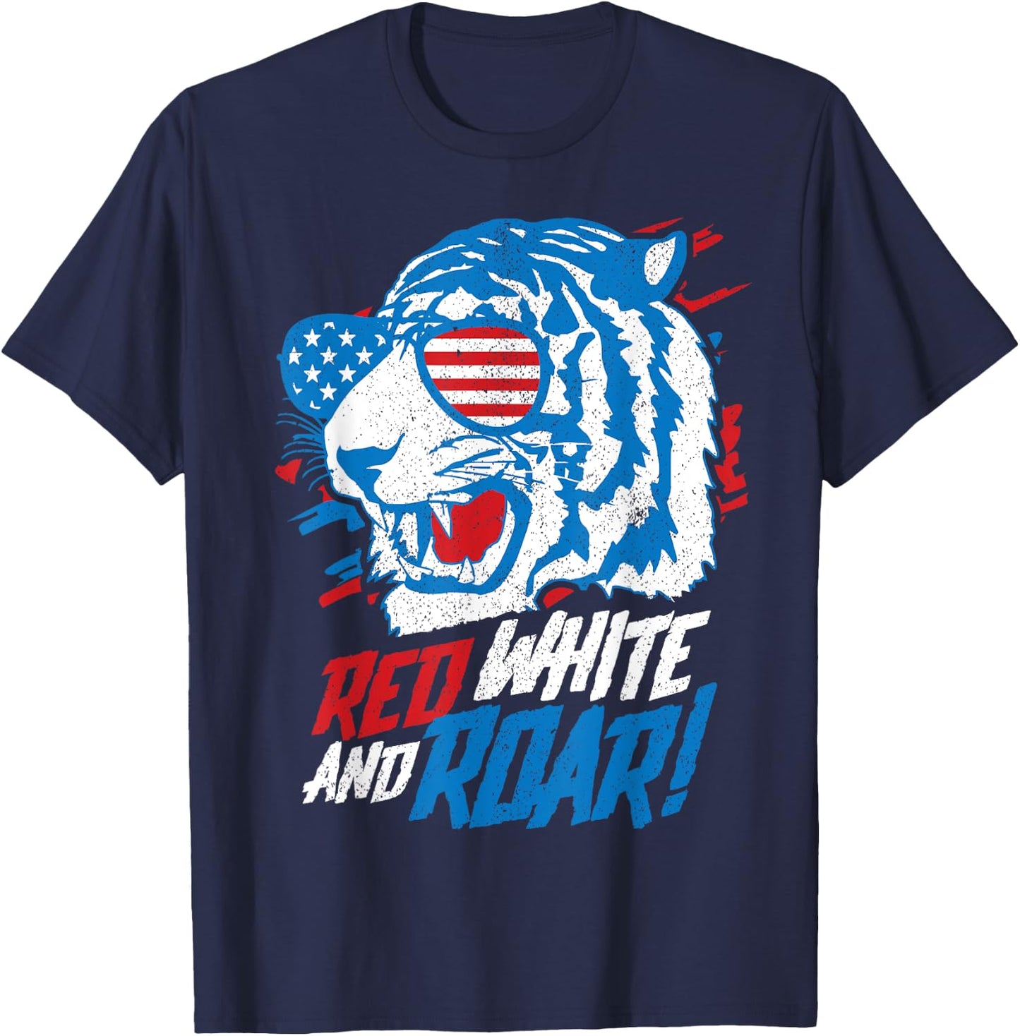Red White And Roar Tiger Funny 4th Of July Predator Gift T-Shirt - T-Shirt | Navy