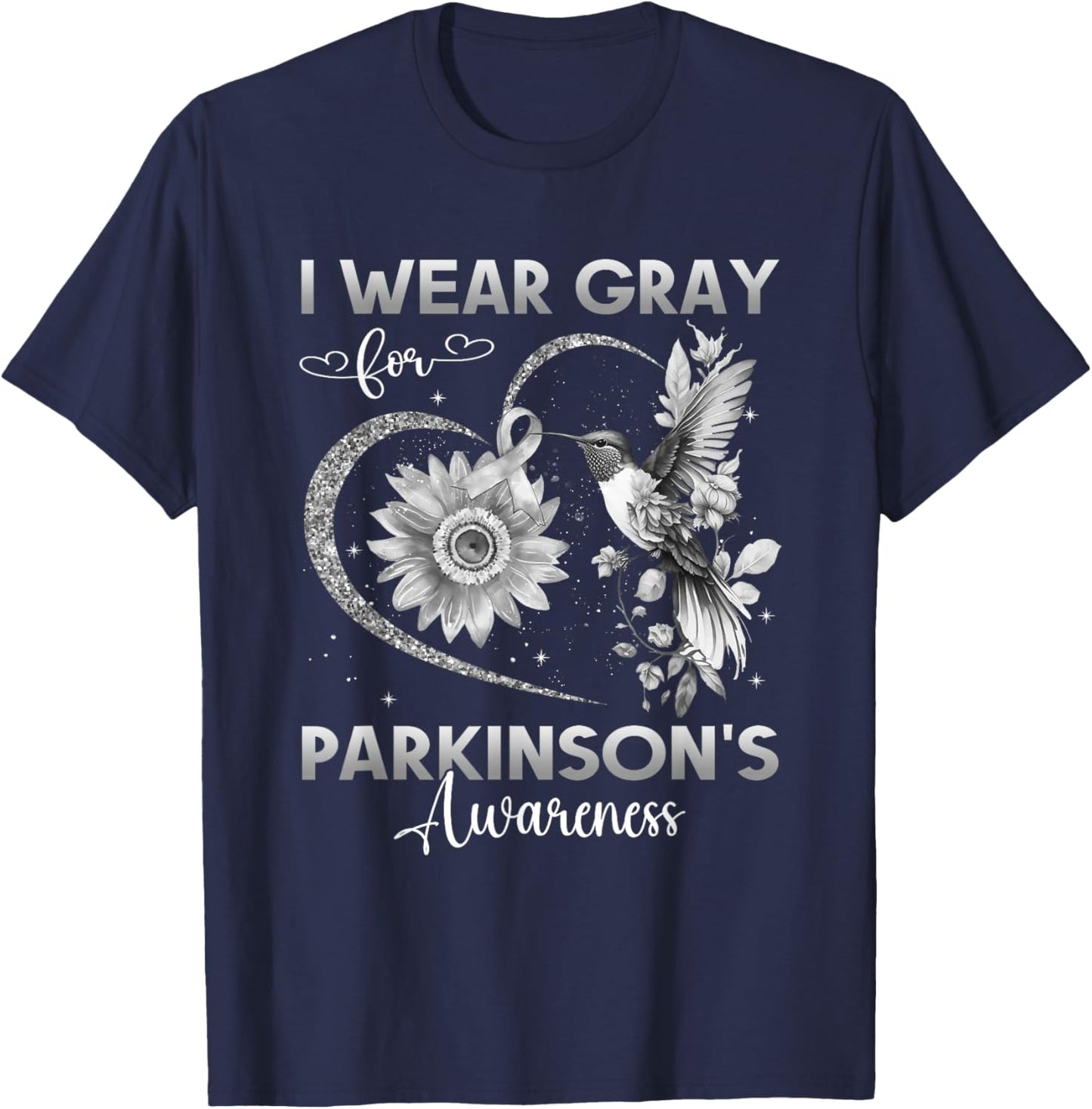 I Wear Gray For Parkinson's Awareness Hummingbird Sunflower T-Shirt - T-Shirt | Navy