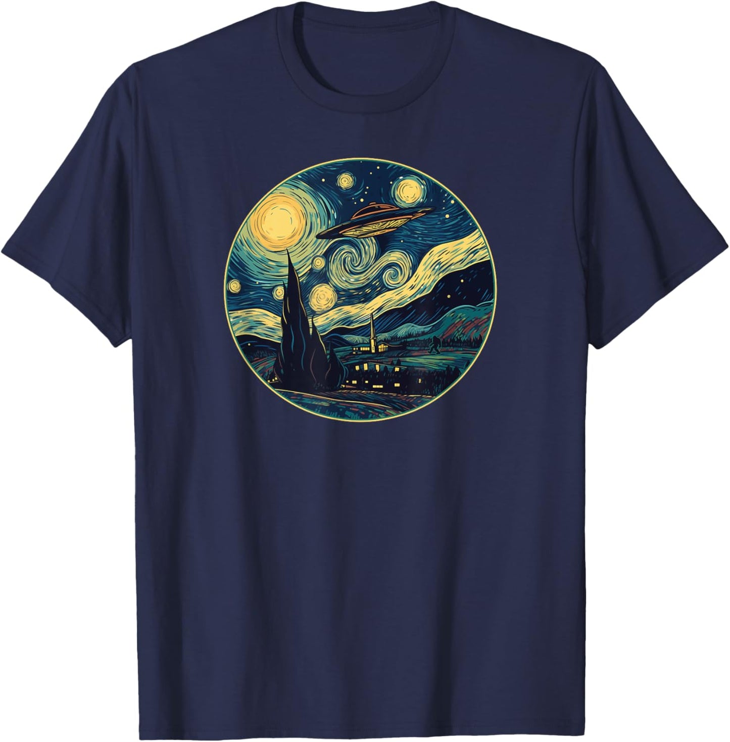 UFO Aliens and Bigfoot Impressionist Style Novelty UAP T-Shirt - T-Shirt | Navy