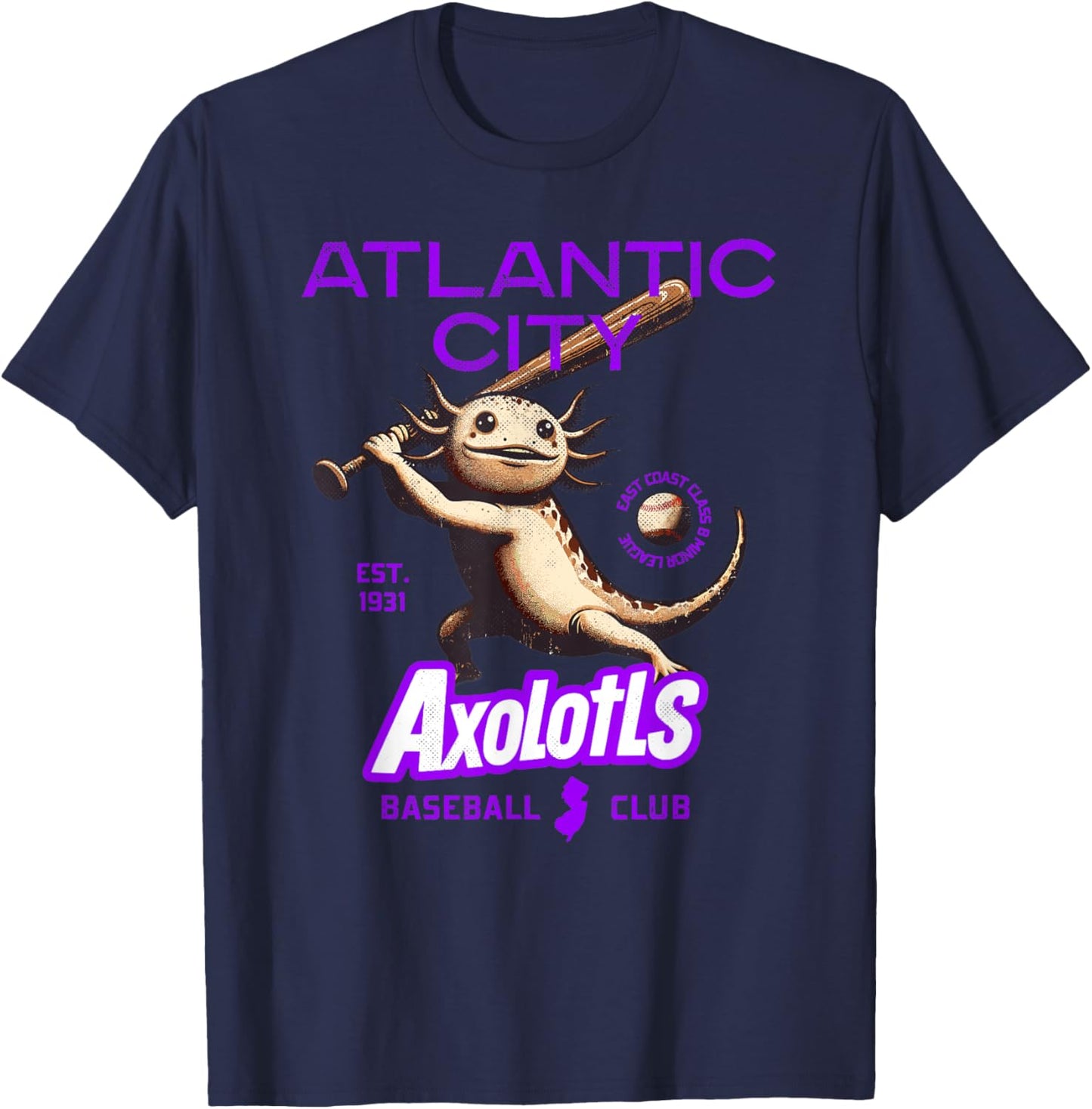 Atlantic City Axolotls Retro Minor League Baseball Team T-Shirt - T-Shirt | Navy