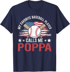 My Favorite Baseball Player Calls Me Poppa USA Flag T-Shirt - T-Shirt | Navy