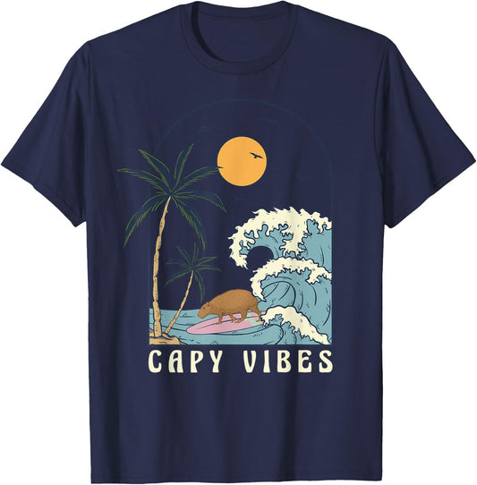 Capybara Surfing at Beach Sunset Summer Surf Capy Vibes Women Girls Kids T-Shirt - T-Shirt | Navy
