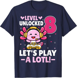 Level 8 Unlocked Let's Play Video Gamer Axolotl 8th Birthday T-Shirt - T-Shirt | Navy