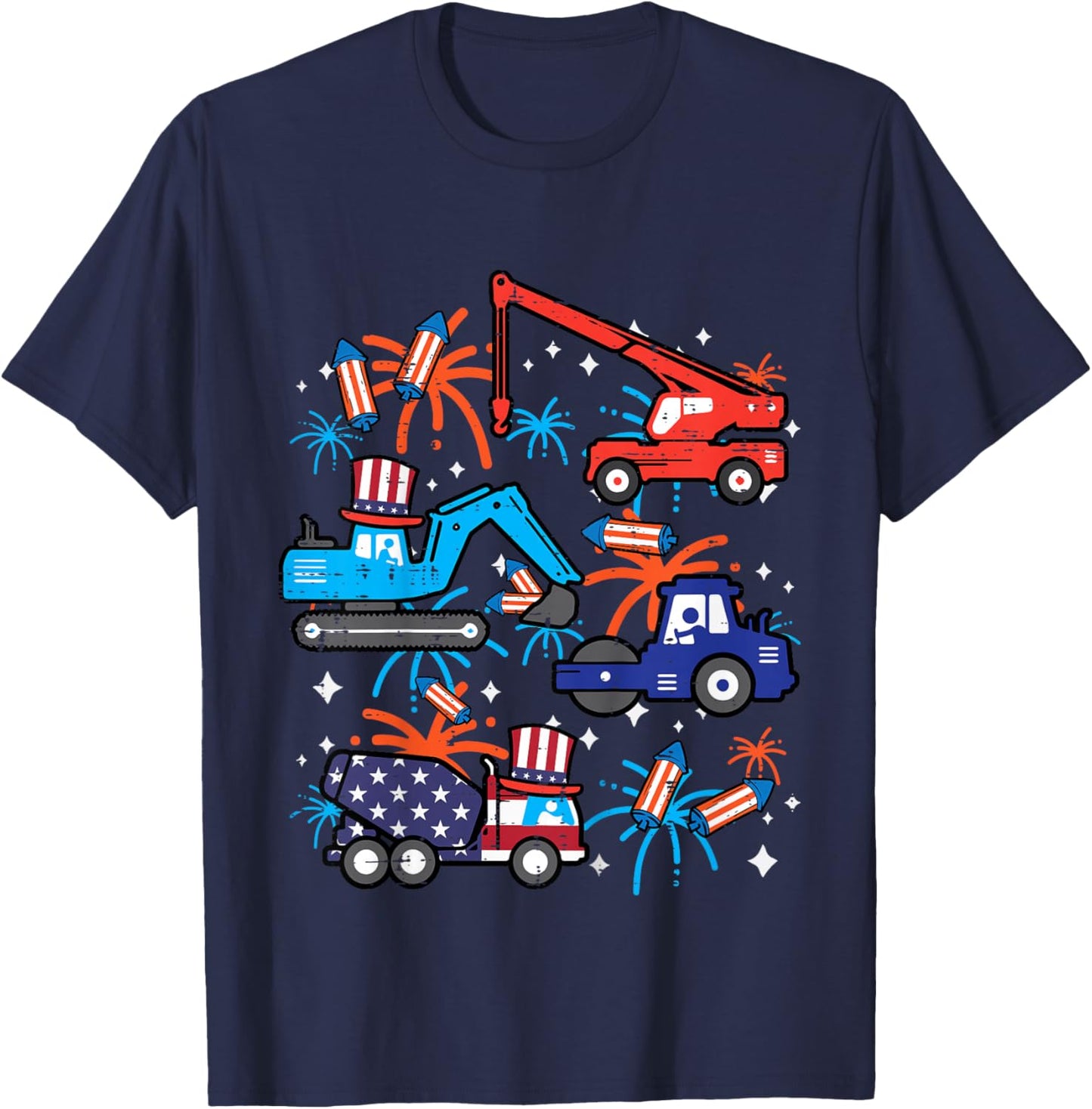 Kids 4th July Construction Trucks Vehicle Patriot Boy Kid Toddler T-Shirt - T-Shirt | Navy